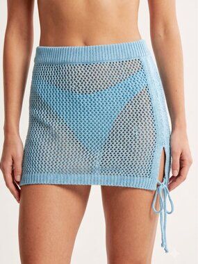 NWT | Ai’Mage Sky Blue Crochet Open Knit Mini Swim Cover-Up Skirt Drawstring | L